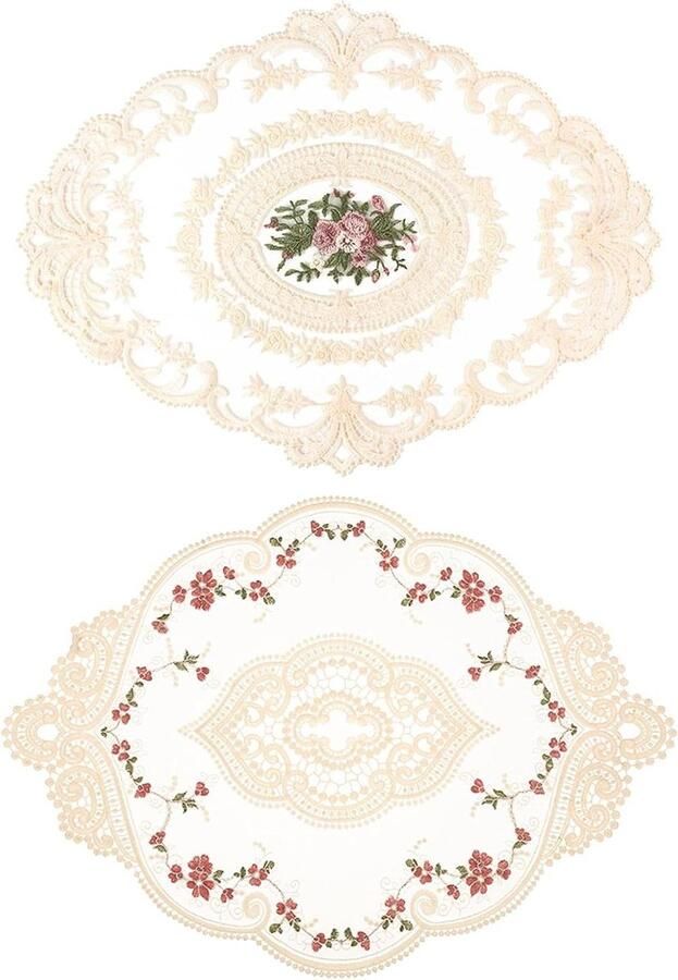 Allecto plus Set van 2 ovale tafelkleden met vintage kant Beige 31 x 42 cm en 31 x 44 cm Klein formaat Geschikt voor eettafel salontafel en tuintafel