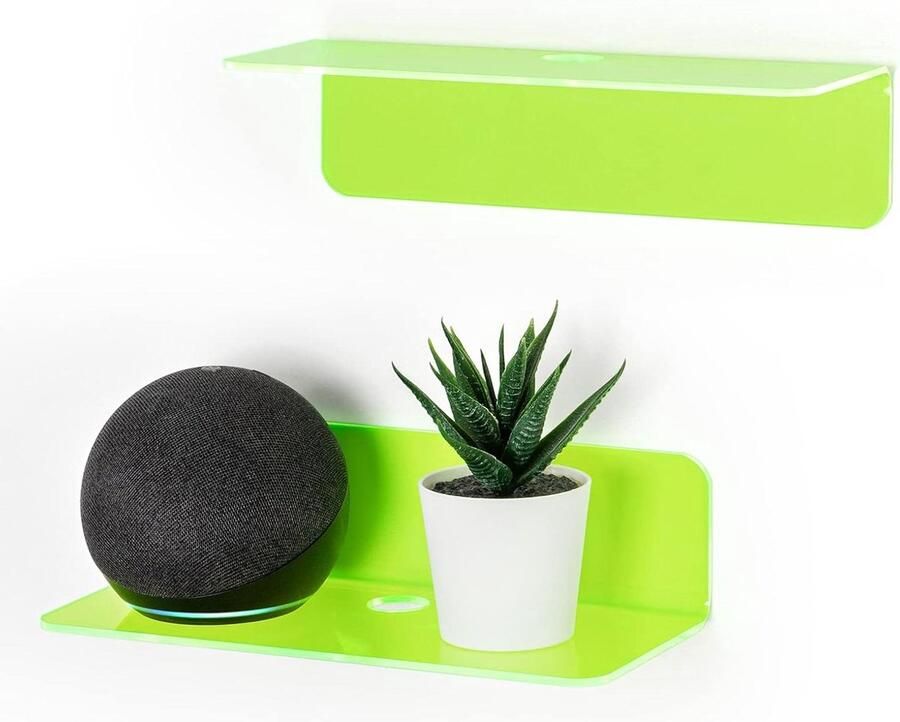 Zwevende acryl wandplanken set van 2 plakkend makkelijk uitbreiden van wandruimte 9-inch kleine plank voor slaapkamer-badkamer keuken-woonkamer-kantoor met kabelclips groen