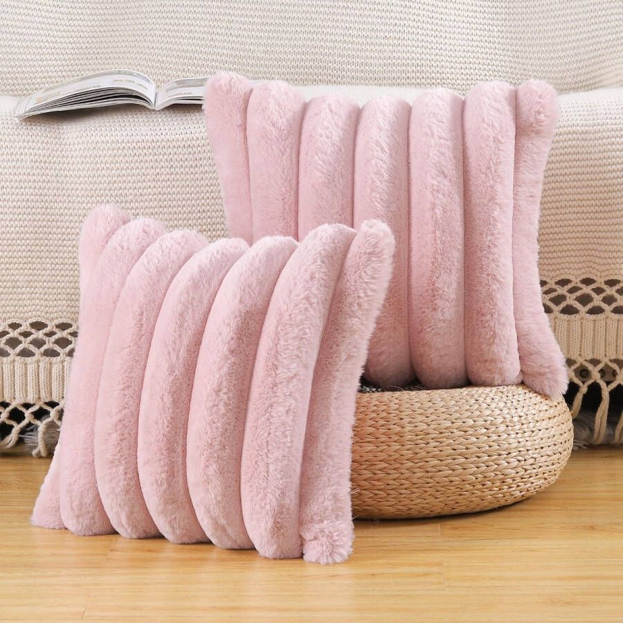 Set van 2 pluche fluweel decoratieve kussenslopen wollig gestreept zacht kussensloop voor bank slaapkamer kussen schelp roze 45 x 45 cm vierkant