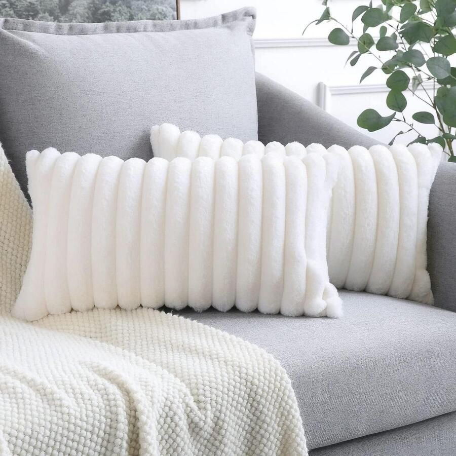 Allecto Plus Pluche fluwelen kussenhoezen set voor bank en slaapkamer Decoratieve kussensloop voor thuis en auto Beige-wit 30 x 50 cm