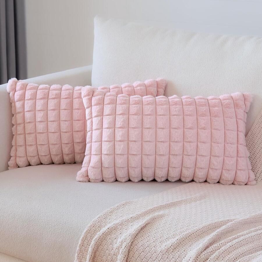 Set van 2 pluche fluwelen kussenhoezen zachte kunstbont geruite textuur kussenhoes decoratieve bankkussenhoezen decoratieve kussensloopset voor bank slaapkamer woondecoratie (30 x 50 cm
