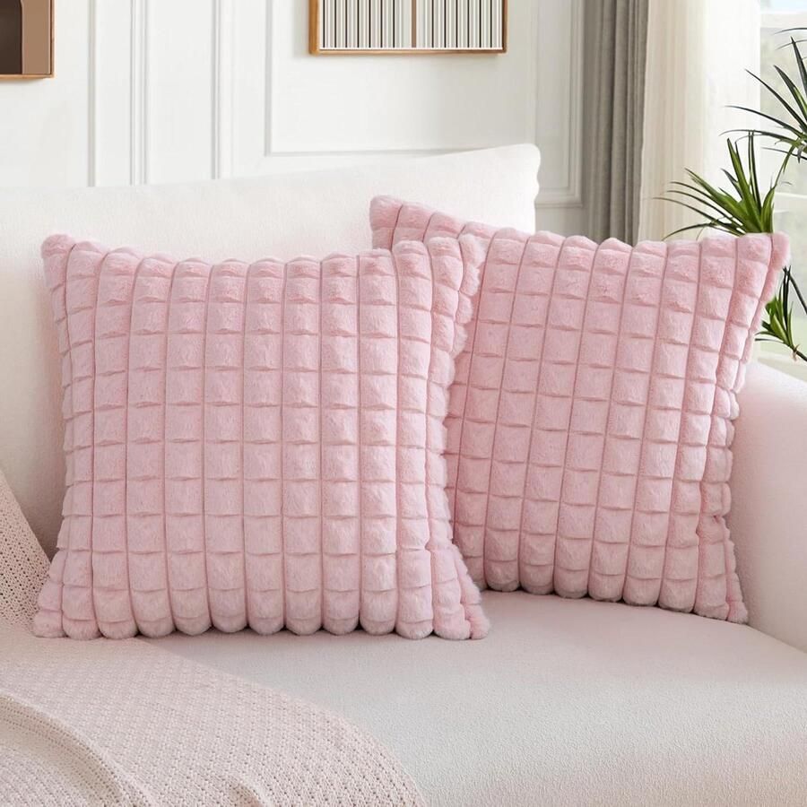 Allecto plus Pluche fluwelen kussenslopen Kunstbont Plaid Textuur 2 Stuks voor Bank en Slaapkamer Decoratie Roze 45 x 45 cm