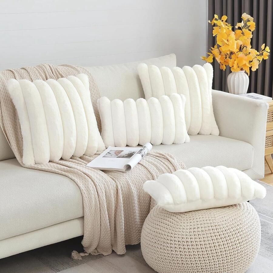 Set van 2 pluche fluwelen kussenslopen zacht kunstbont kussenhoezen voor slaapkamer thuis bank auto decoratie (60 x 60 cm wit) - Foto 2