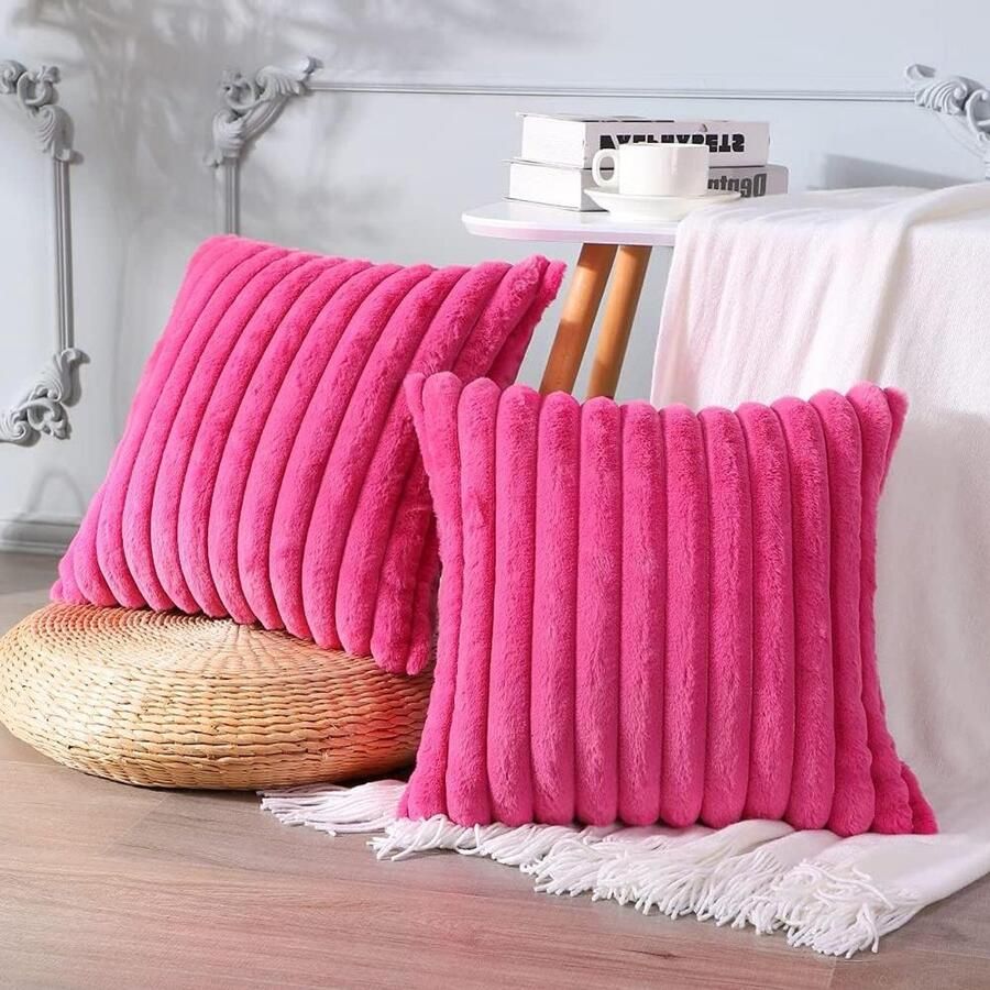 Allecto plus Set van 2 zachte pluche fluwelen kussenslopen Decoratief kunstbont Sierkussenovertrekken Roze Voor bank slaapkamer auto 40x40cm
