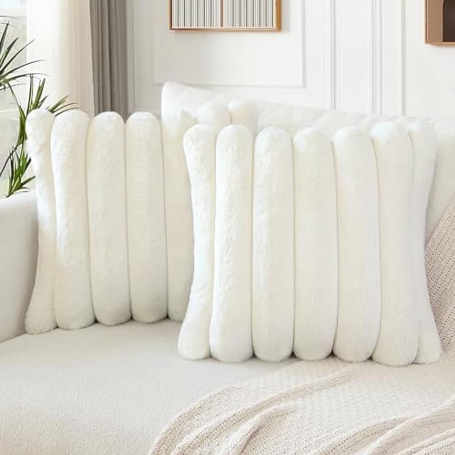 Set van 2 pluche fluwelen kussenslopen Zacht kunstbont kussenhoezen voor slaapkamer en bank (50 x 50 cm wit)
