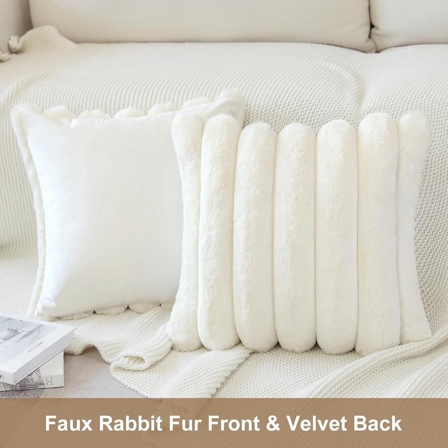 Set van 2 pluche fluwelen kussenslopen zacht kunstbont kussenhoezen voor slaapkamer thuis bank auto decoratie (60 x 60 cm wit)