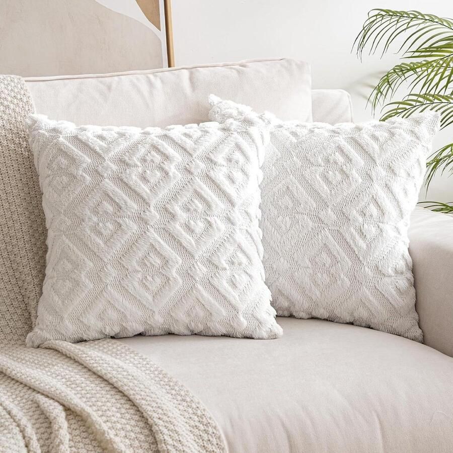 Set van 2 pluche wol pluizige kussenslopen rechthoek decoratieve kussensloop luxe woondecoratie elegante pluche hoes bank slaapkamer woonkamer 50x50cm 20x20 inch puur wit