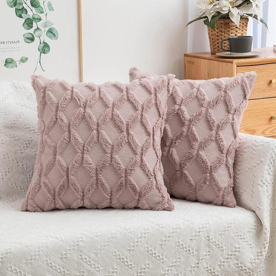 Wollen kussenhoezen pluche decoratief elegant set van 2 sierkussens bank slaapkamer woonkamer 50 x 50 cm donkerroze