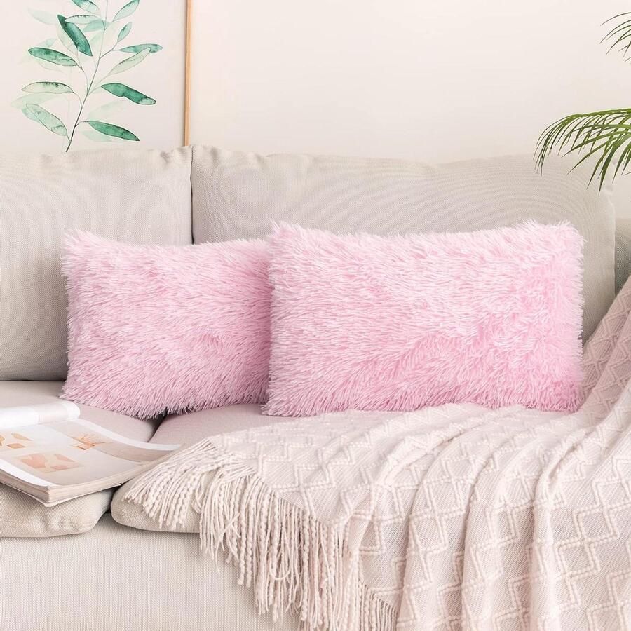 Kussenslopen imitatiebont pluizig zacht decoratief set van 2 vierkant schattig pluchen kussenhoes woonkamer bank slaapkamer 30 x 50 cm lichtroze