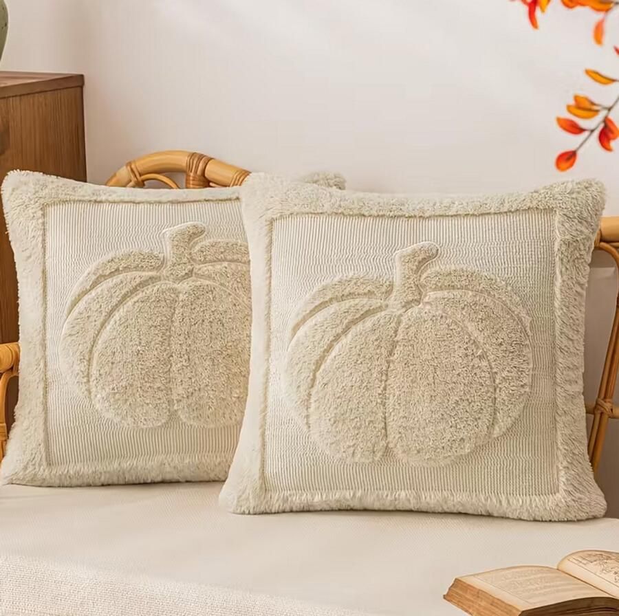 Set van 2 Pompoen Sierkussenhoezen – 45x45 cm – Zacht Jacquard Design – Beige – Herfst & Halloween Decoratie – Vintage Look – Bank Woonkamer & Slaapkamer