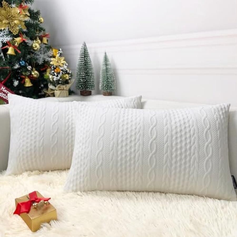 Set van 2 Rechthoekige Decoratieve Kussenslopen Superzacht en Elegante Gebreide Kussens voor Slaapbank en Autostoel 30 5 x 50 8 cm (Zuiver Wit)