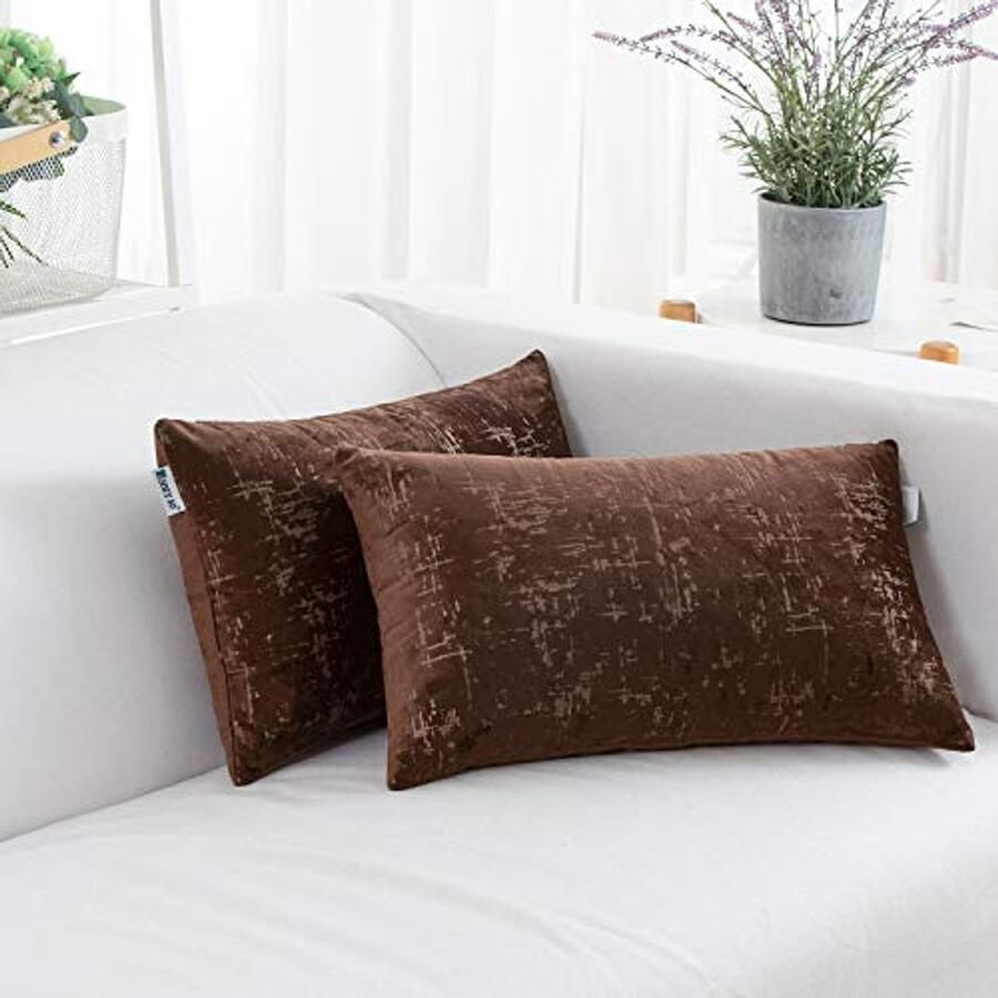 Set van 2 rechthoekige decoratieve kussenslopen van zacht fluweel met zilveren textuur – 30 5 x 50 8 cm donkere koffie voor woonkamer en bank