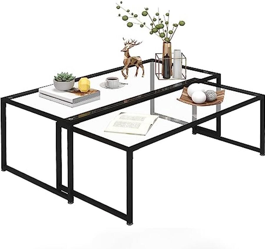 Set van 2 rechthoekige salontafels van staal met gehard glazen blad Zwart