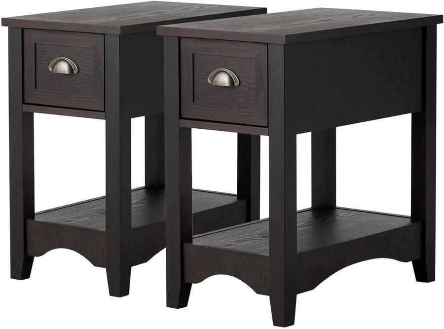 Set van 2 Retro Bijzettafels – Nachtkastje met Lade Rubberhouten Poten 56 x 33 x 58 5 cm Koffie Bruin Brons