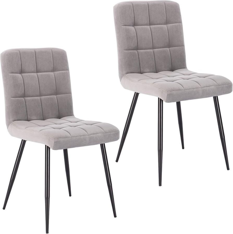 Set van 2 Retro Eetkamerstoelen – Velvet Bekleed – Keukenstoelen met Metalen Poten – Lichtgrijs