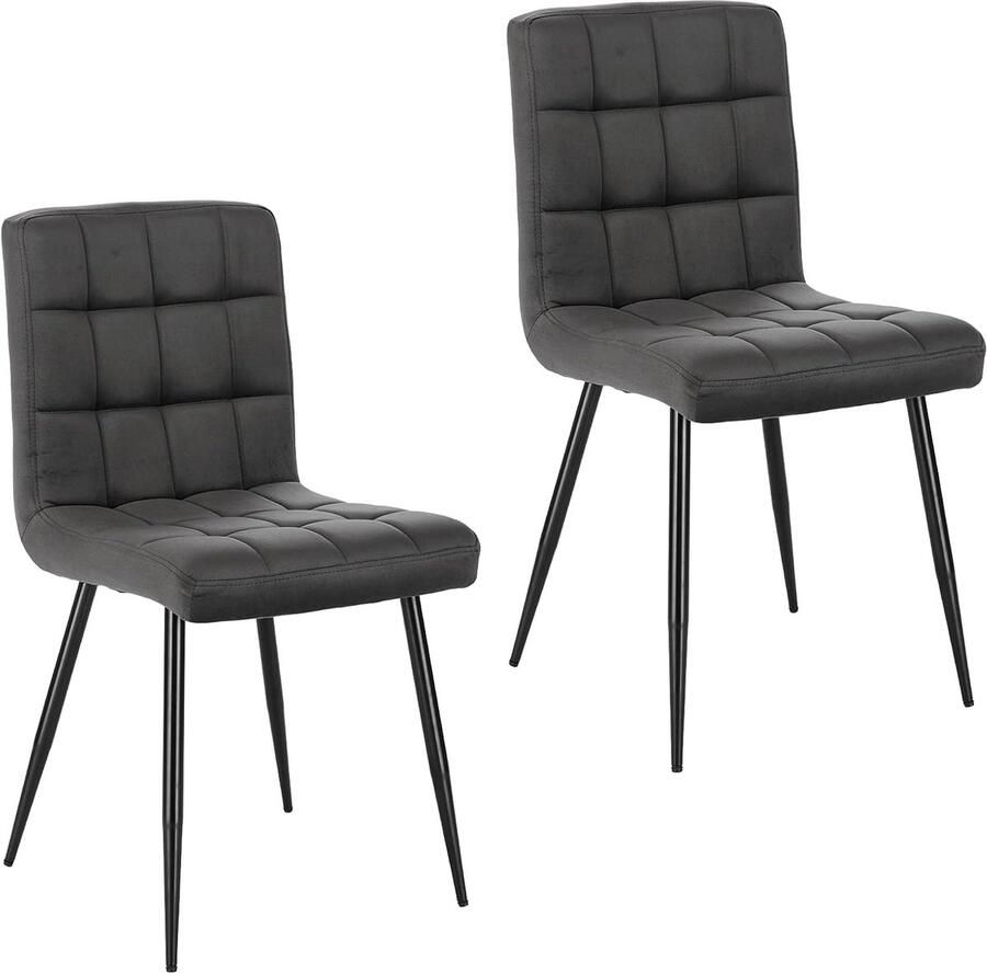 Set van 2 Retro Eetkamerstoelen – Velvet Keukenstoelen met Rugleuning – Gestoffeerde Stoelen met Metalen Poten – Donkergrijs