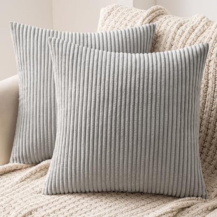 Set van 2 ribfluwelen kussenhoezen voor bank of woonkamer 35 x 35 cm lichtgrijs