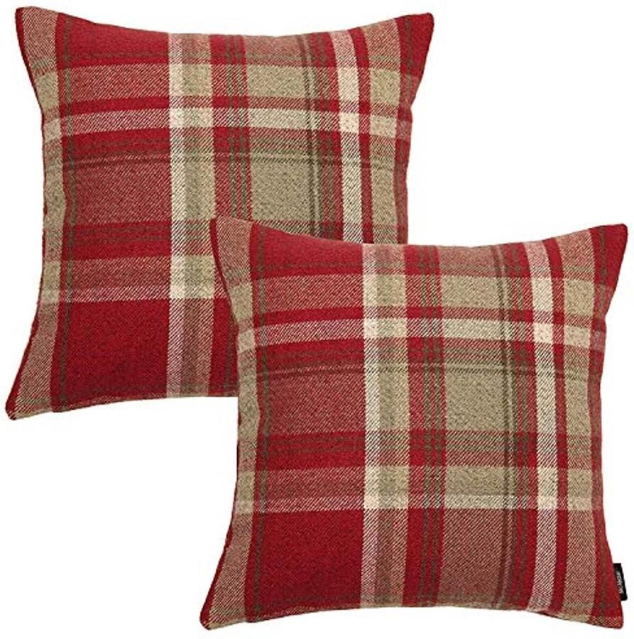 Set van 2 Rode Tartan Geruite Kussenslopen voor Bed of Sofa Vierkante Sierkussens 43x43 Cm