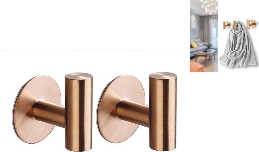 Set van 2- roestvrijstalen klevende haken handdoekhaken voor badkamer- wandhaak Roségoud Handdoekhaak- Hoge en lage haken zonder ponsen Zelfklevend Klevend kledingrek achter de deur