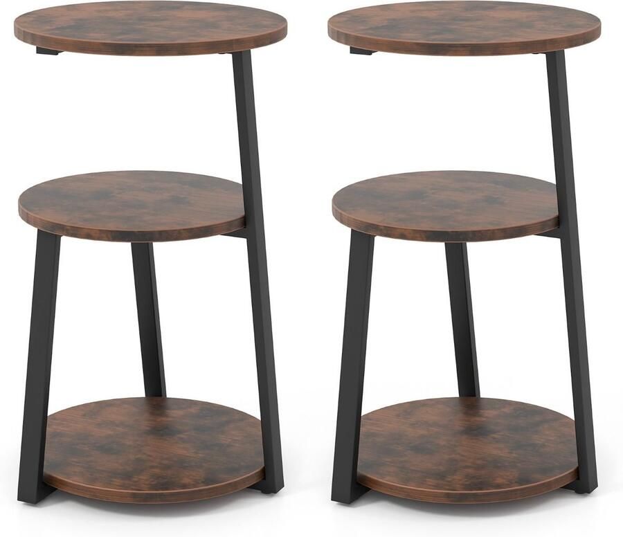 Set van 2 ronde bijzettafels – 3-laags nachtkastjes met metalen frame en verstelbare glijders rustiek bruin