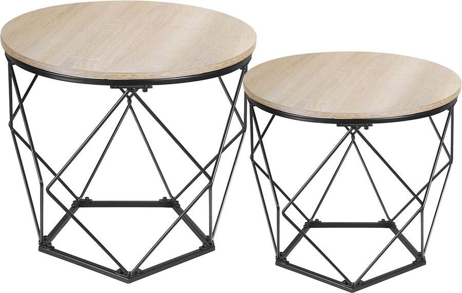 Set van 2 ronde bijzettafels met mandfunctie en metalen frame Modern design voor woonkamer slaapkamer en kantoor Lichtbruin Zwart