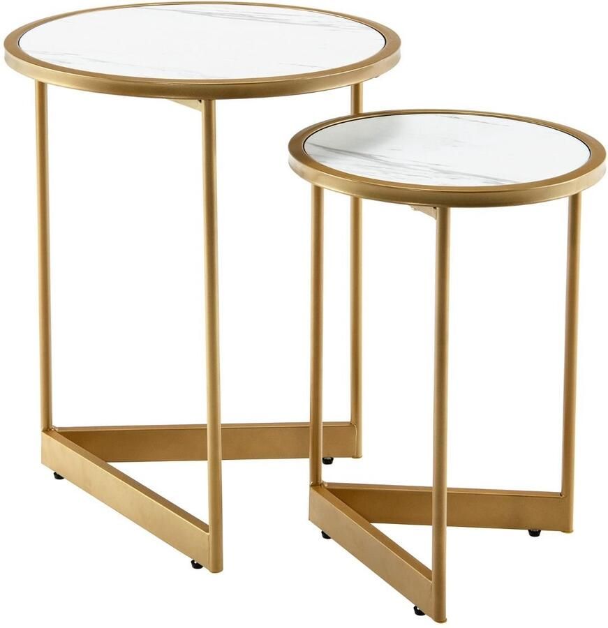 Set van 2 ronde bijzettafels – Scandinavisch design met V-vormig onderstel en verstelbare voetkussens – Wit