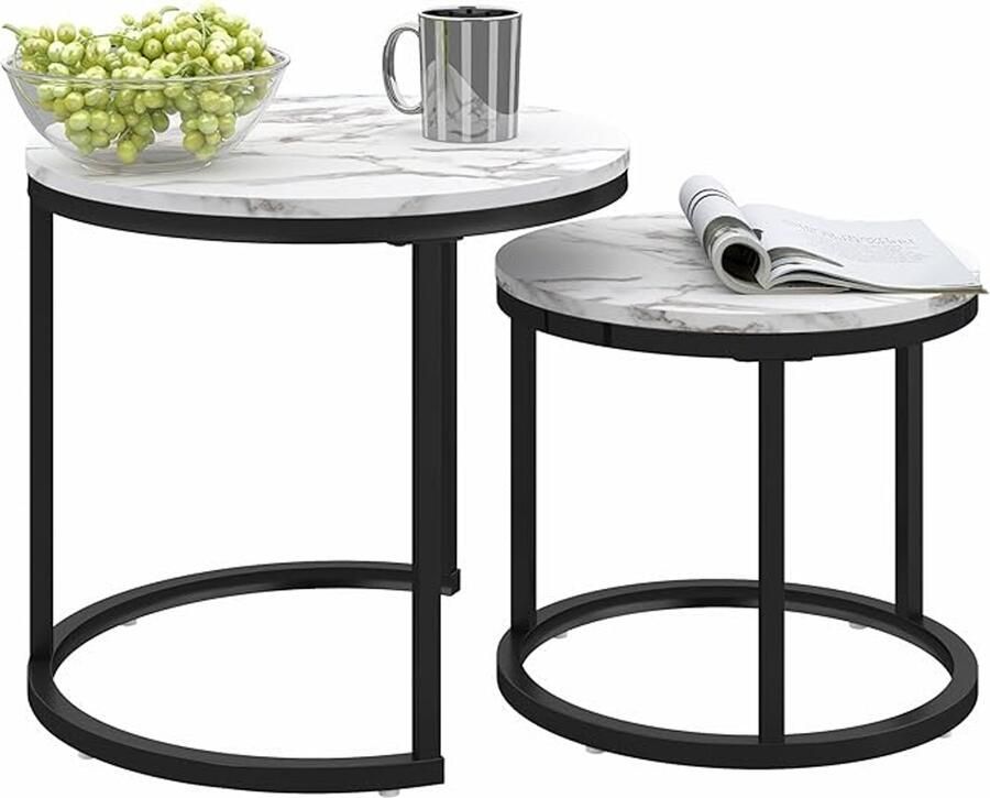 Set van 2 Ronde Bijzettafels – Stijlvolle Moderne Salontafels in Wit en Zwart (Ø50 cm & Ø40 cm)