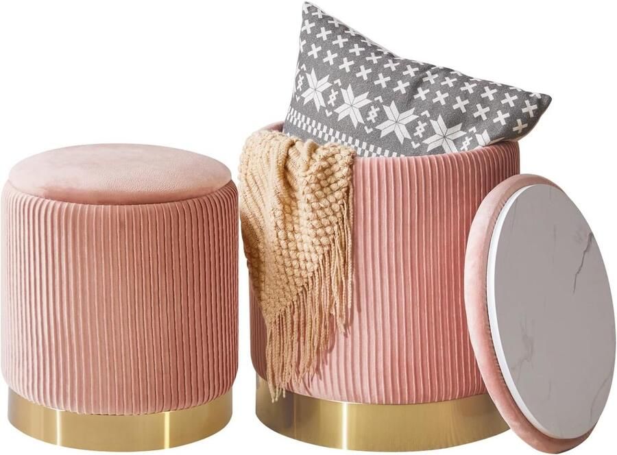 Set van 2 ronde fluwelen voetenbankjes met opslag en multifunctionele gebruiksmogelijkheden