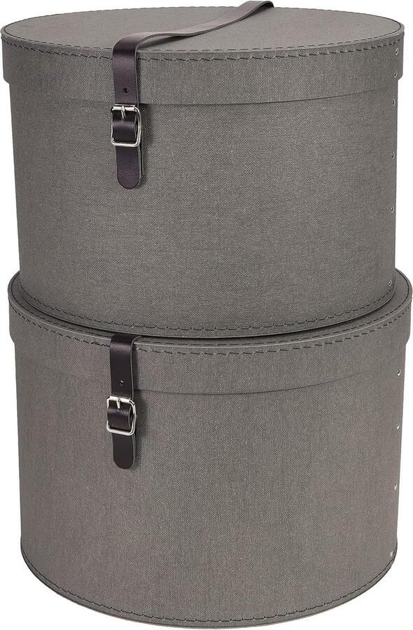 Set van 2 ronde hoedendozen opbergdozen met lederen riemen 2 stuks grijs vezelplaat en papier