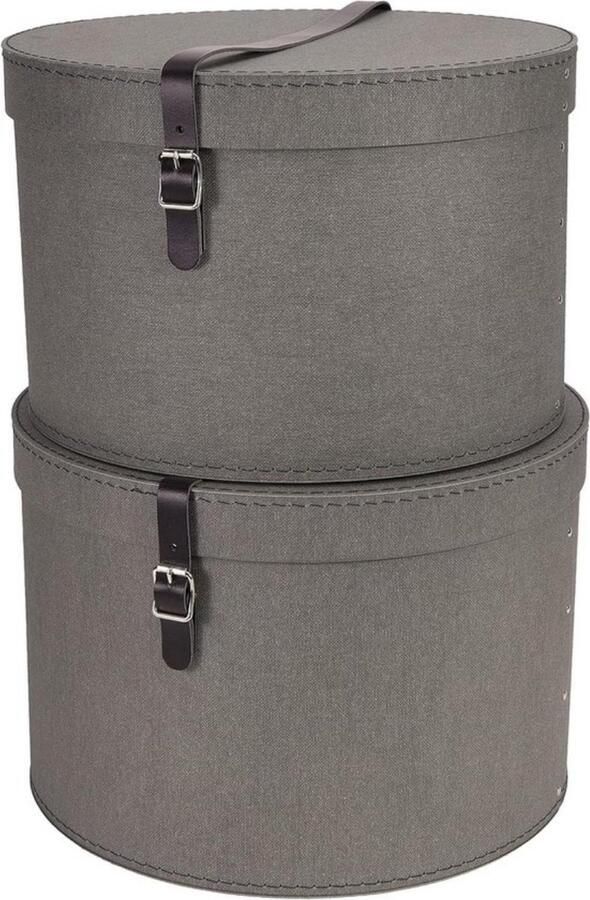 Set van 2 ronde hoedendozen opbergdozen met lederen riemen 2 stuks grijs vezelplaat en papier