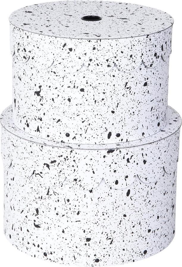 Set van 2 ronde opbergdozen met deksel opbergdoos voor kleding en speelgoed vezelplaat en papier zwart gespikkeld