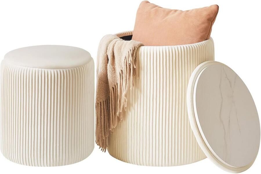 Set van 2 ronde Ottomaanse met opslag – Multifunctionele fluwelen make-upkruk en salontafel in wit
