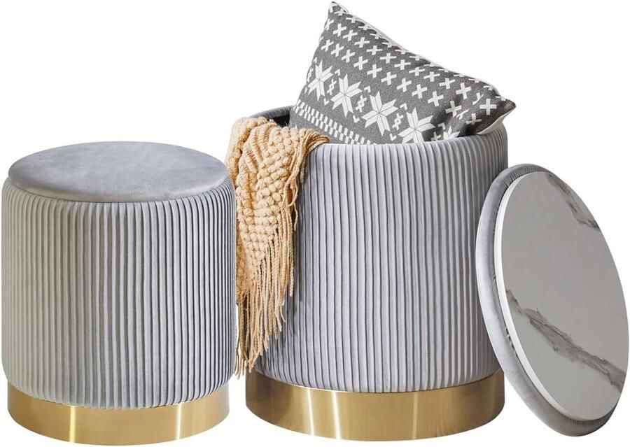 Set van 2 Ronde Ottomaanse Stoelen met Opbergruimte en Metalen Ringafwerking