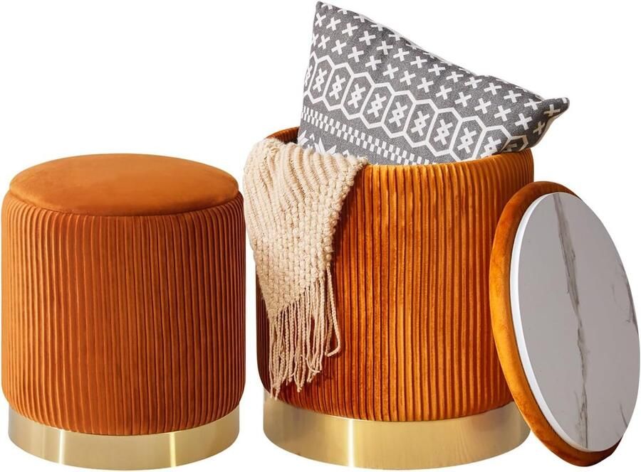 Set van 2 ronde Ottomaanse stoelen met opbergruimte Fluwelen make-upbank en salontafel Modern design in oranje