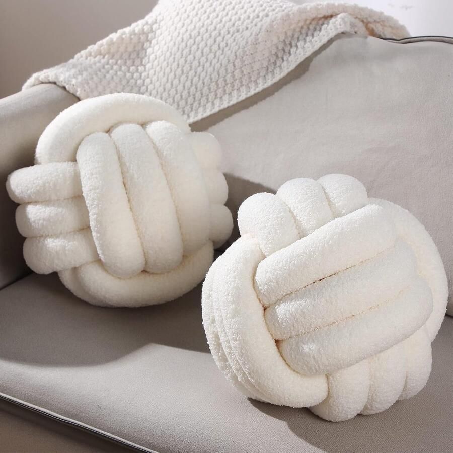 Set van 2 ronde pluche sierkussens Handgemaakt en esthetisch Beige decoratie voor bed bank of vloer