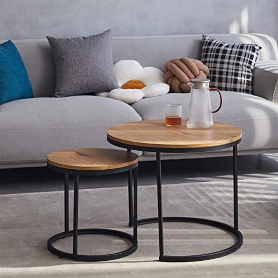 Set van 2 ronde salontafels en bijzettafels hout voor woonkamer en slaapkamer
