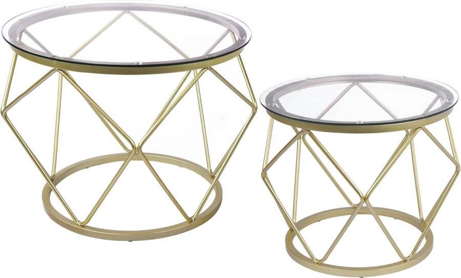 Set van 2 ronde salontafels geometrische woonkamertafel met mandfunctie decoratief robuust stalen frame voor woonkamer slaapkamer goud 01801GCT