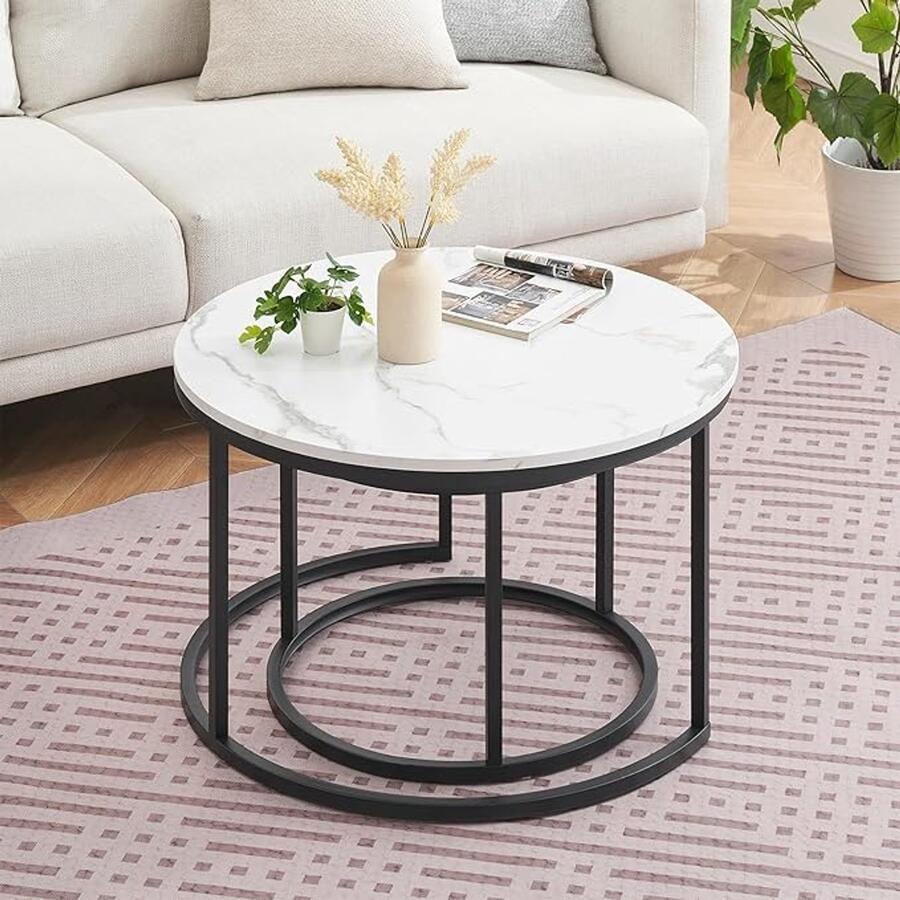 Set van 2 Ronde Salontafels in Marmerlook – Zwart Wit – Modern Design voor Woonkamer – Ø87x45 cm & Ø50x35 cm
