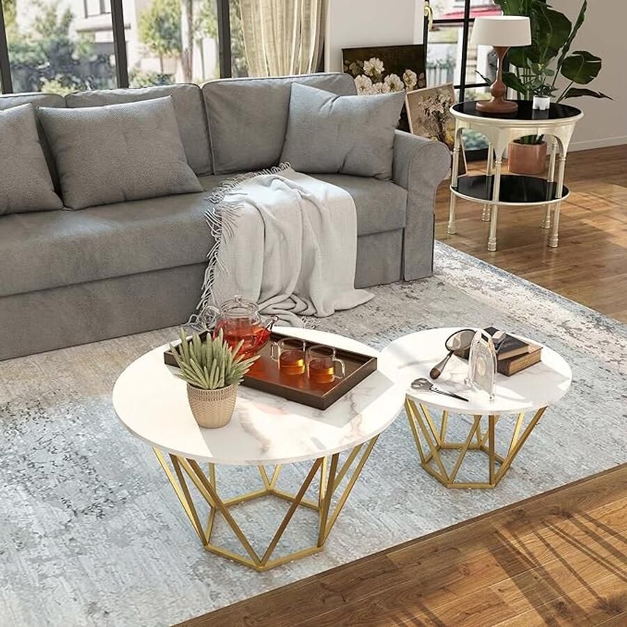Set van 2 Ronde Salontafels – Marmerlook Woonkamertafels met Gouden Poten Stijlvol en Stevig Eenvoudig te Monteren