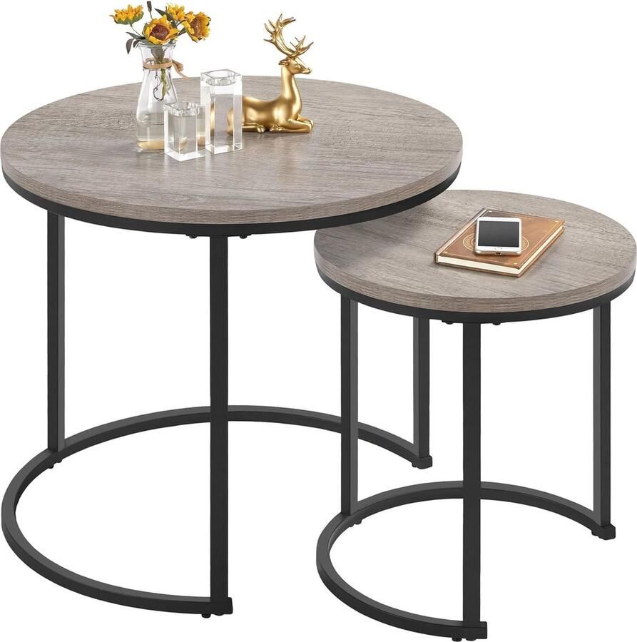 Set van 2 Ronde Salontafels met metalen Frame Moderne Bijzettafels voor Woonkamer