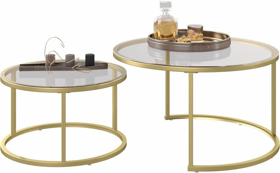 Set van 2 ronde salontafels – moderne bijzettafels met glazen blad en gouden metalen poten (80 x 45 cm + 60 x 35 cm)