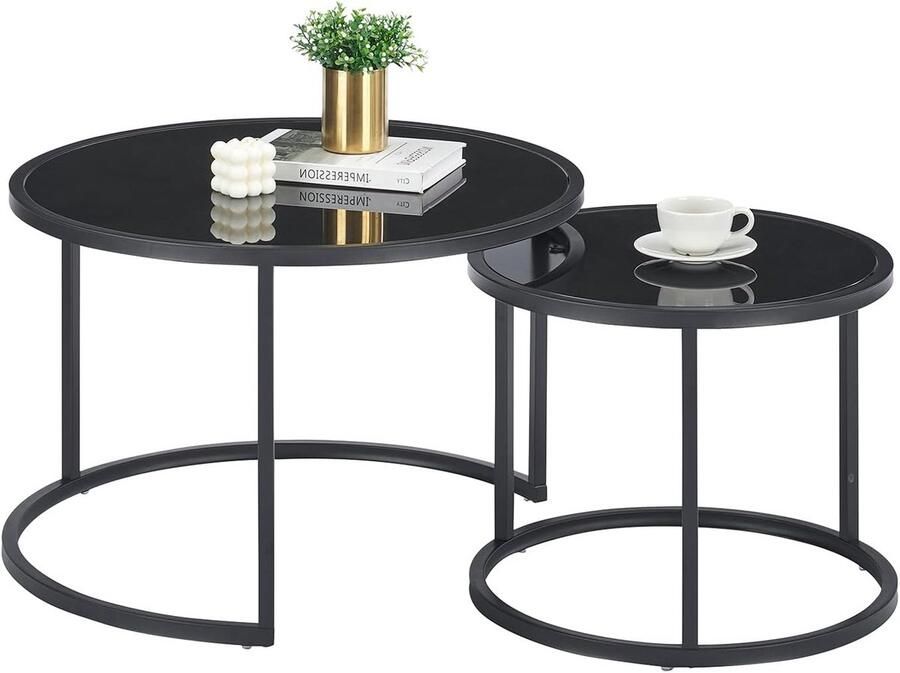 Set van 2 ronde salontafels – moderne glazen tafels met zwart metalen frame Ø70 cm + Ø50 cm