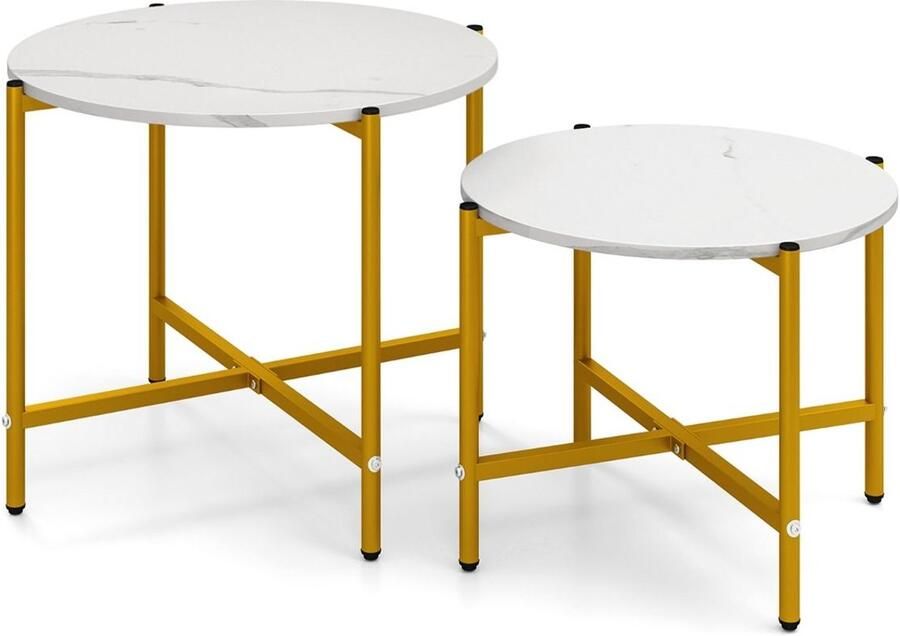 Set van 2 ronde salontafels – Nesttafels 55 cm & 65 cm met wit metalen frame moderne bijzettafels