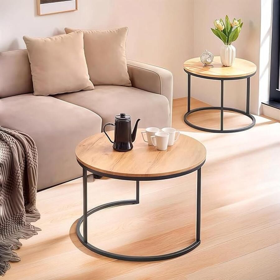 Set van 2 Ronde Salontafels van Eikenhout – Ø70 cm & Ø50 cm Stijlvolle Tafels voor Woonkamer Slaapkamer of Café