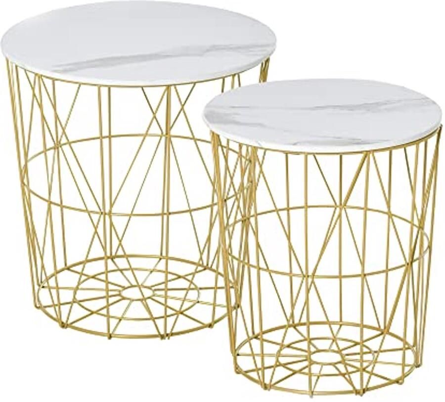 Set van 2 ronde uittrekbare salontafels in neo-retrostijl met goudmetalen frame en marmerlook