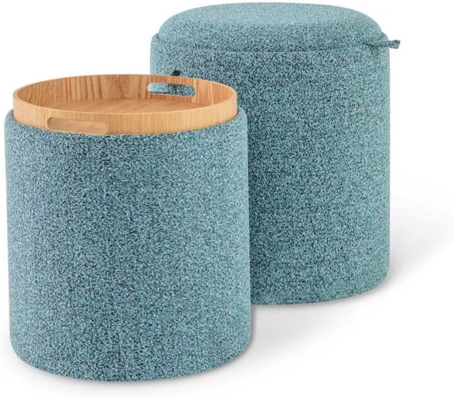 Set van 2 ronde voetenbanken – Gewatteerd omkeerbaar blad verborgen opbergruimte blauw