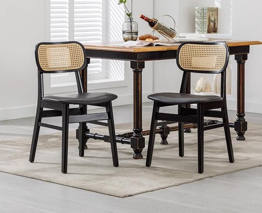 Set van 2 rotan eetkamerstoelen – PU leren keukenstoelen zonder armleuningen met houten poten – Zwart