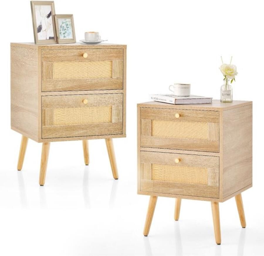 Set van 2 Rotan Nachtkastjes – Boheems Design met 2 Opberglades Mid-Century Moderne Bijzettafel Natuurlijke Poot