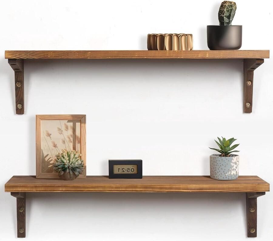 Set van 2 Rustieke Donkerbruine Houten Wandplanken 60cm voor Keuken Slaapkamer- Afuly - Foto 2