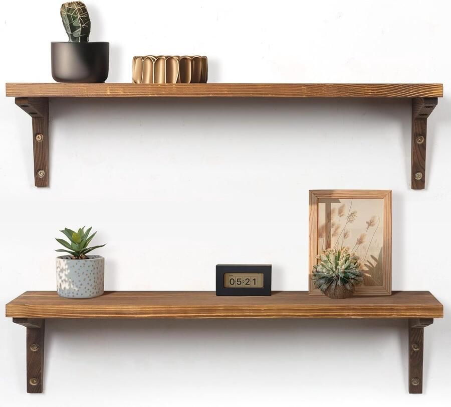 Houten wandplanken set van 2 rustieke planken zwevende planken lange houten planken donkerbruin natuurlijke decoratieve opbergplanken voor keuken slaapkamer woonkamer badkamer kinderkamer